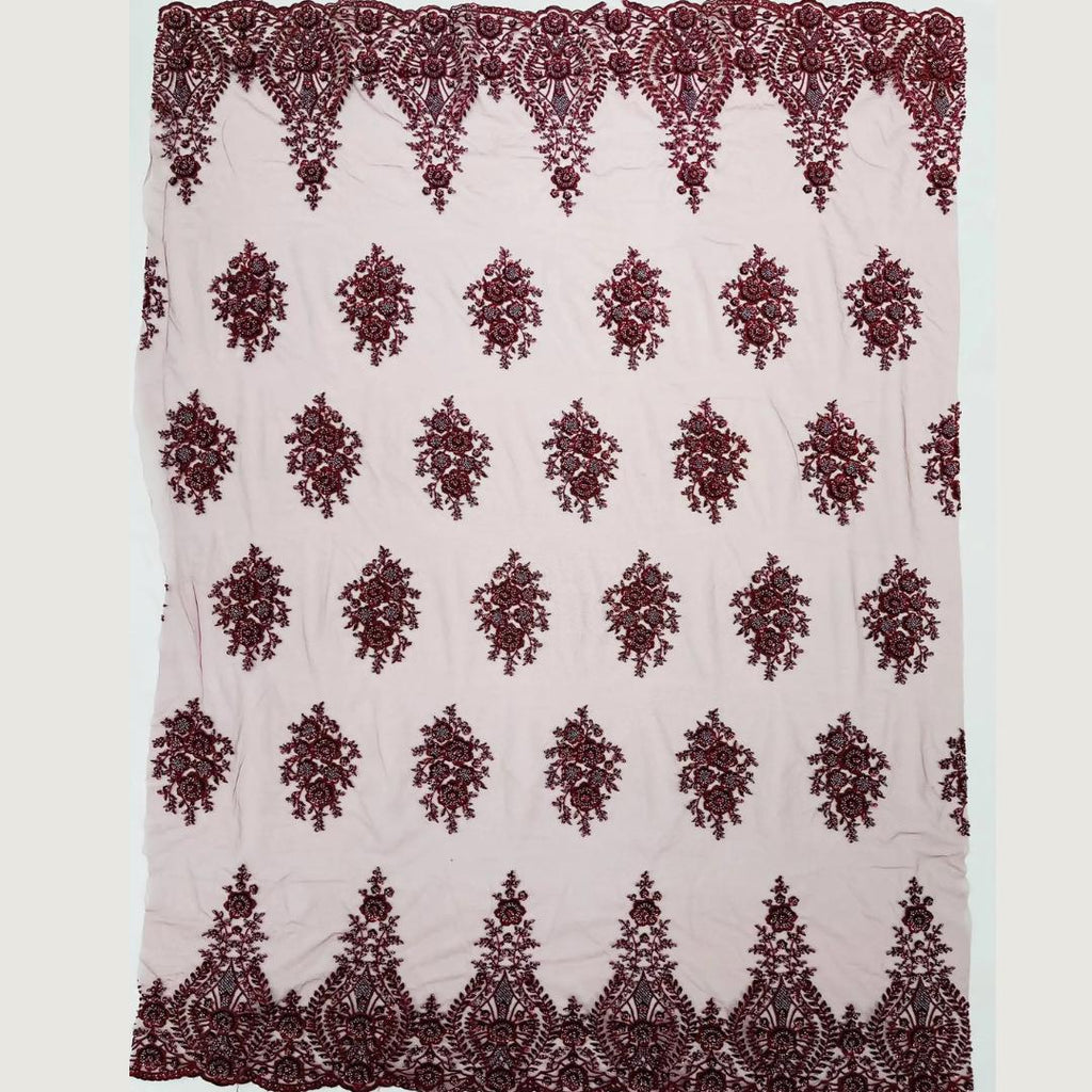 Burgundy Luxurious Design Lace - Beaded Design with Embroidered Sequins and Beads On a Mesh Lace Fabric By The Yard