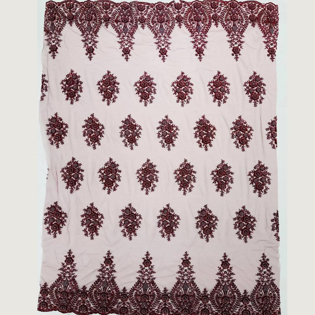 Burgundy Luxurious Design Lace - Beaded Design with Embroidered Sequins and Beads On a Mesh Lace Fabric By The Yard