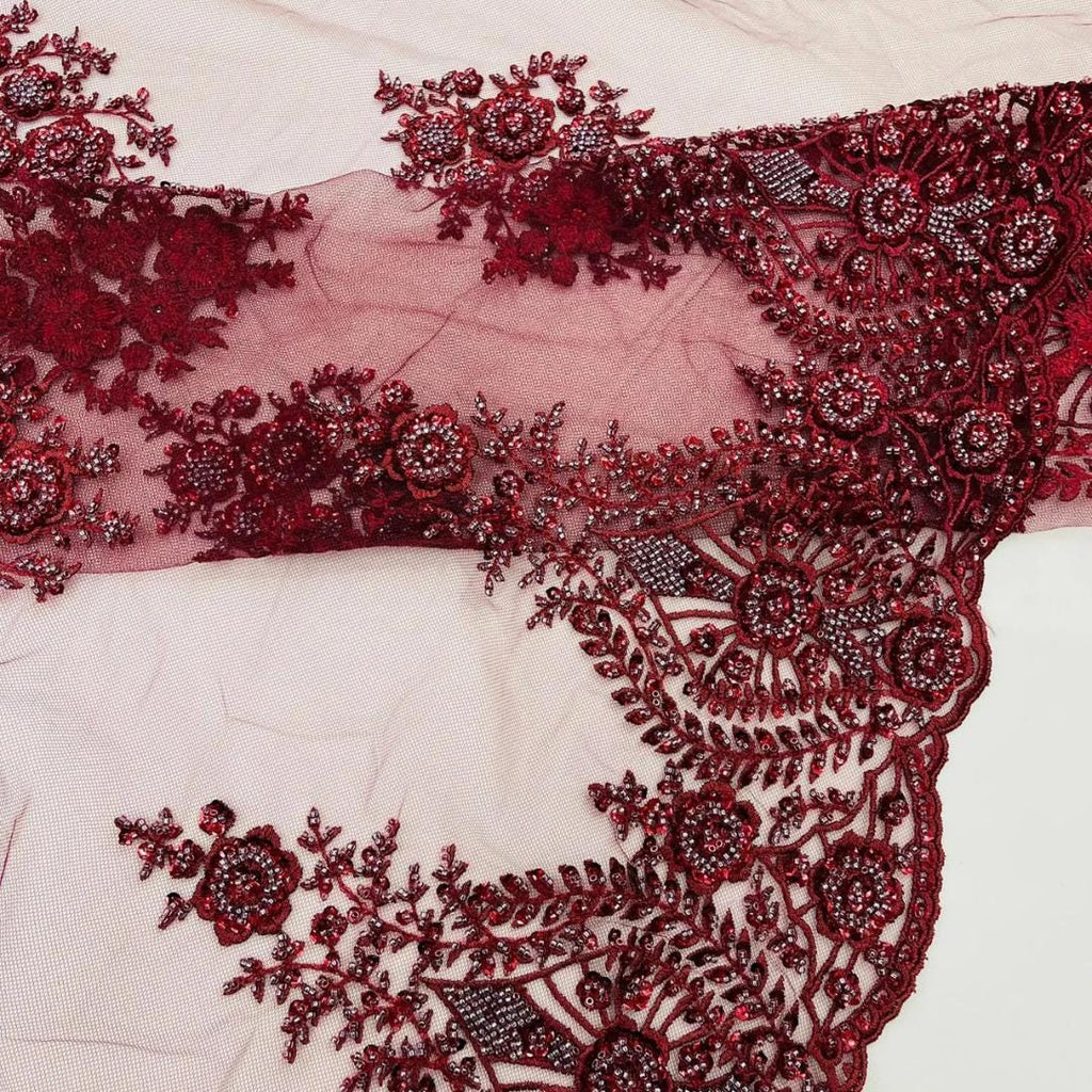 Burgundy Luxurious Design Lace - Beaded Design with Embroidered Sequins and Beads On a Mesh Lace Fabric By The Yard