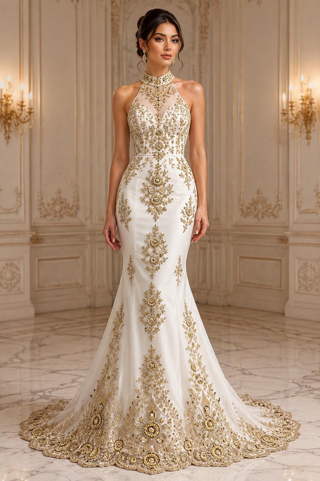 Champagne Luxurious Design Lace - Beaded Design with Embroidered Sequins and Beads On a Mesh Lace Fabric By The Yard
