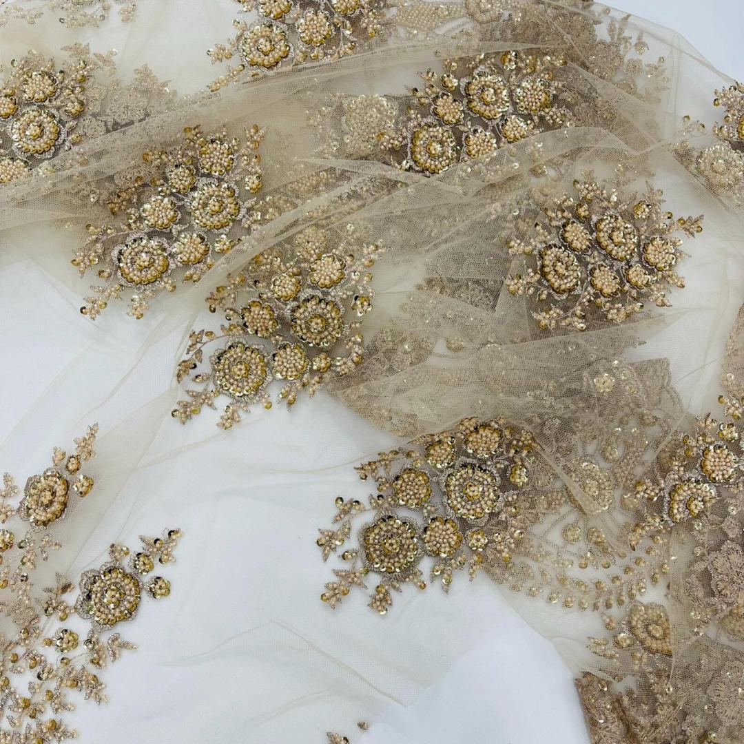 Champagne Luxurious Design Lace - Beaded Design with Embroidered Sequins and Beads On a Mesh Lace Fabric By The Yard