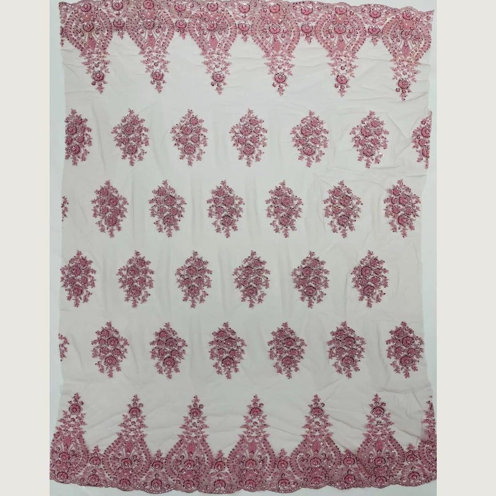 Dusty Pink Luxurious Design Lace - Beaded Design with Embroidered Sequins and Beads On a Mesh Lace Fabric By The Yard