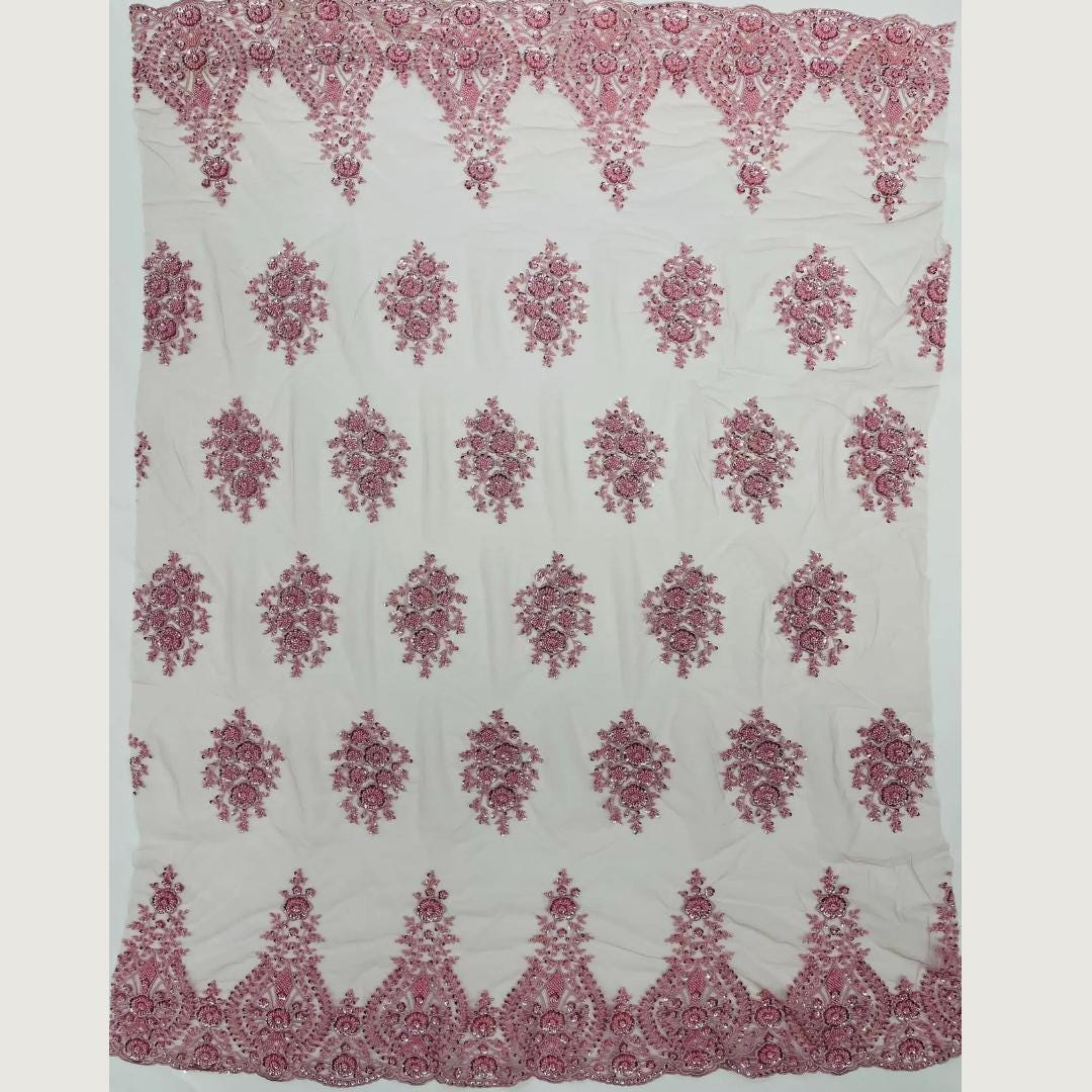 Dusty Pink Luxurious Design Lace - Beaded Design with Embroidered Sequins and Beads On a Mesh Lace Fabric By The Yard