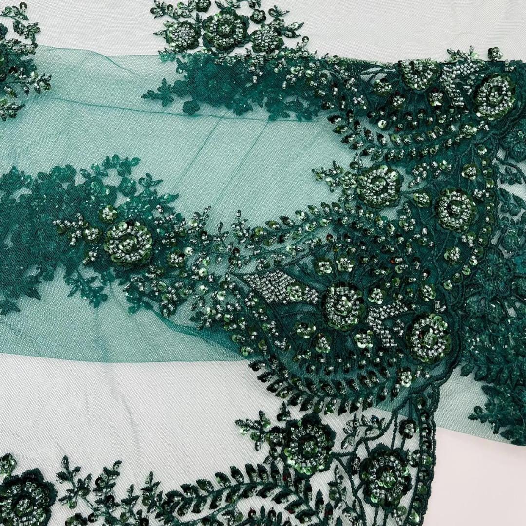 Hunter Luxurious Design Lace - Beaded Design with Embroidered Sequins and Beads On a Mesh Lace Fabric By The Yard
