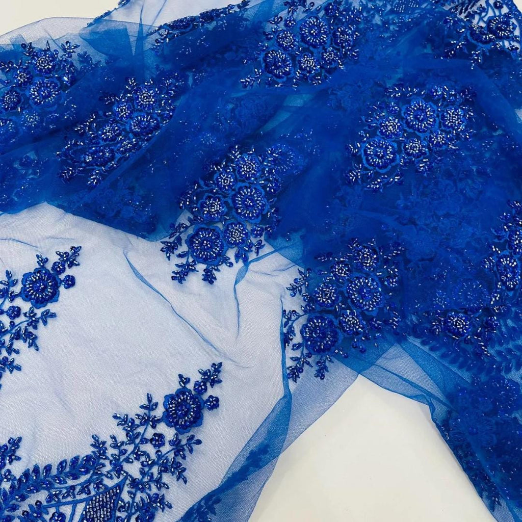Royal Blue Luxurious Design Lace - Beaded Design with Embroidered Sequins and Beads On a Mesh Lace Fabric By The Yard