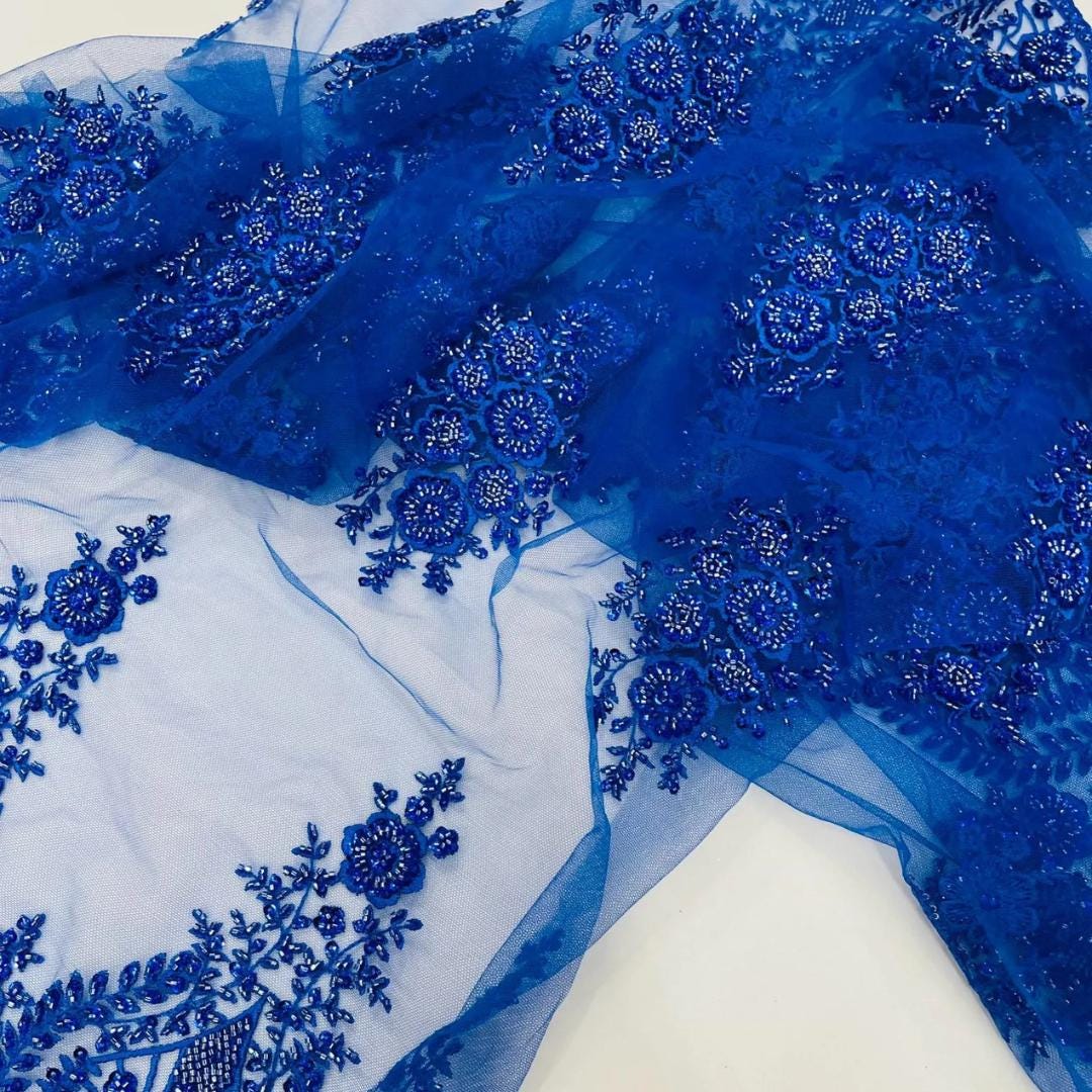 Royal Blue Luxurious Design Lace - Beaded Design with Embroidered Sequins and Beads On a Mesh Lace Fabric By The Yard