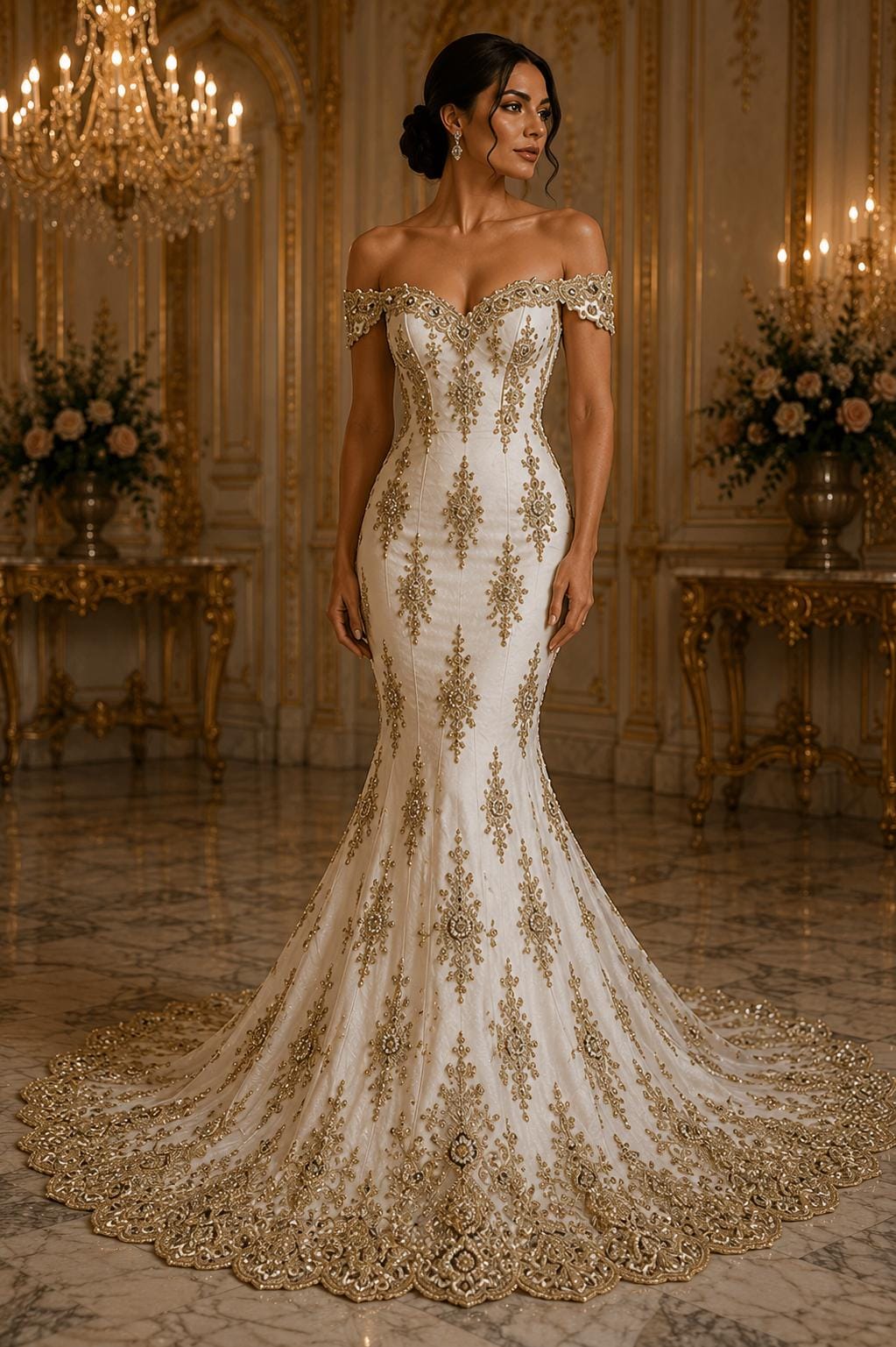 Gold Luxurious Design Lace - Beaded Design with Embroidered Sequins and Beads On a Mesh Lace Fabric By The Yard