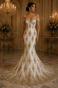 Gold Luxurious Design Lace - Beaded Design with Embroidered Sequins and Beads On a Mesh Lace Fabric By The Yard