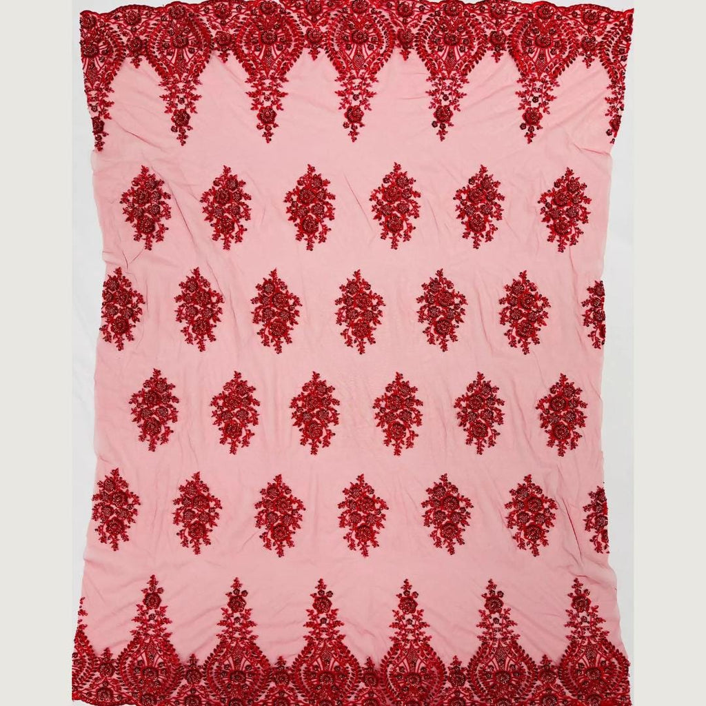 Red Luxurious Design Lace - Beaded Design with Embroidered Sequins and Beads On a Mesh Lace Fabric By The Yard