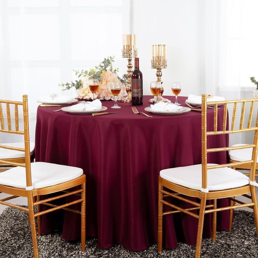 BURGUNDY - 108" Polyester Poplin Washable Round Tablecloth, For Table Cover, Fabric Table Cloth Dinning, Kitchen, Party