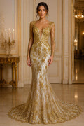 Luxurious Design Lace - GOLD - Beaded Design with Embroidered Sequins and Beads On a Mesh Lace Fabric By The Yard