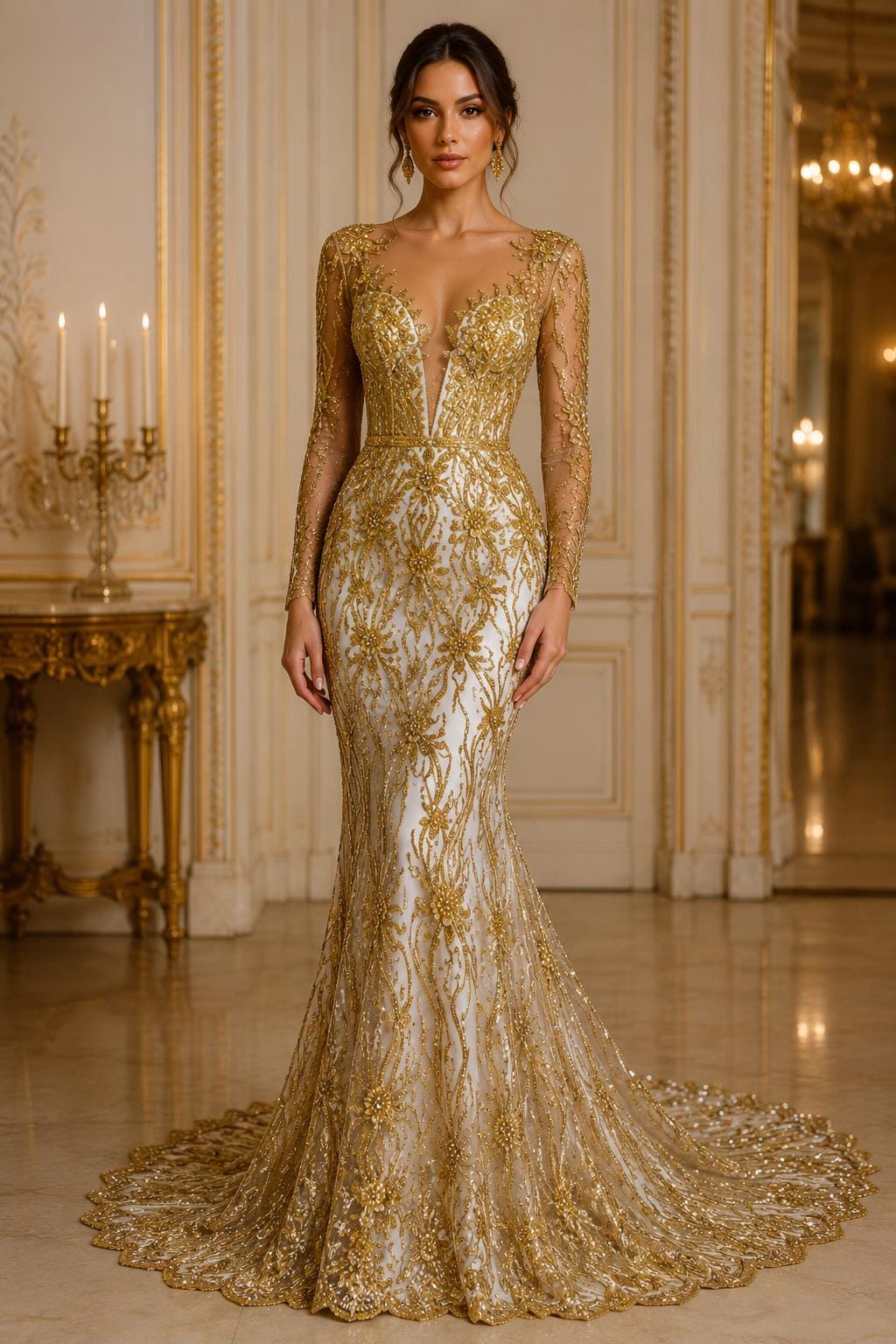 Luxurious Design Lace - GOLD - Beaded Design with Embroidered Sequins and Beads On a Mesh Lace Fabric By The Yard