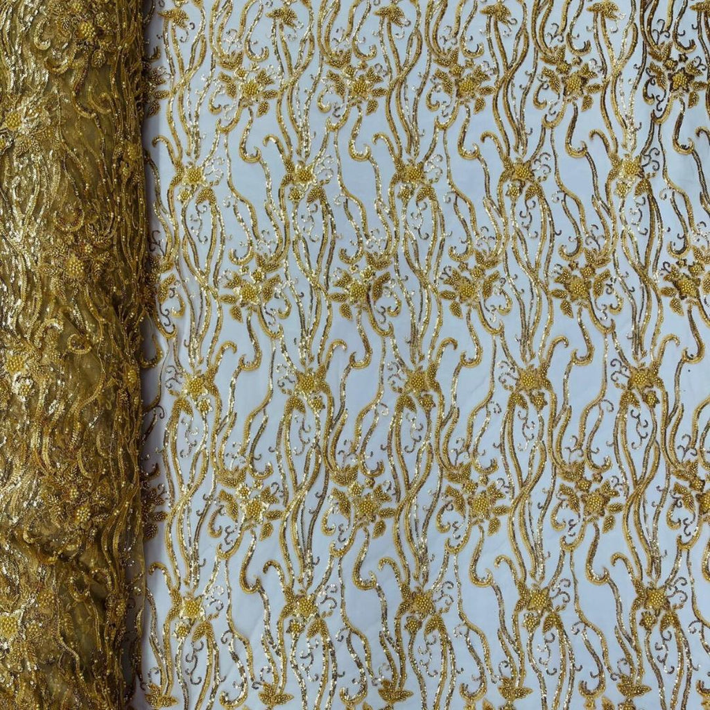 Luxurious Design Lace - GOLD - Beaded Design with Embroidered Sequins and Beads On a Mesh Lace Fabric By The Yard