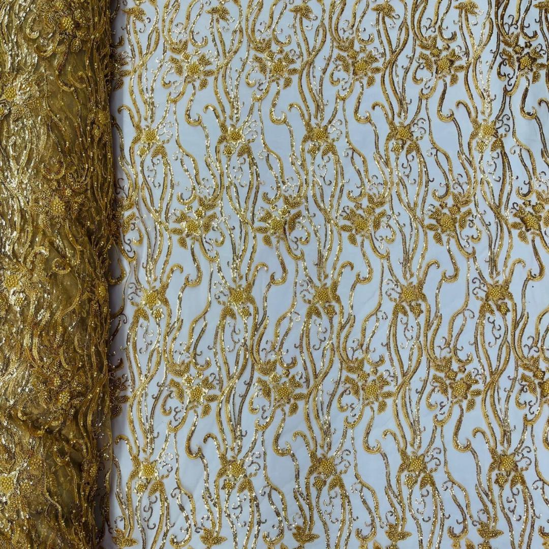 Luxurious Design Lace - GOLD - Beaded Design with Embroidered Sequins and Beads On a Mesh Lace Fabric By The Yard