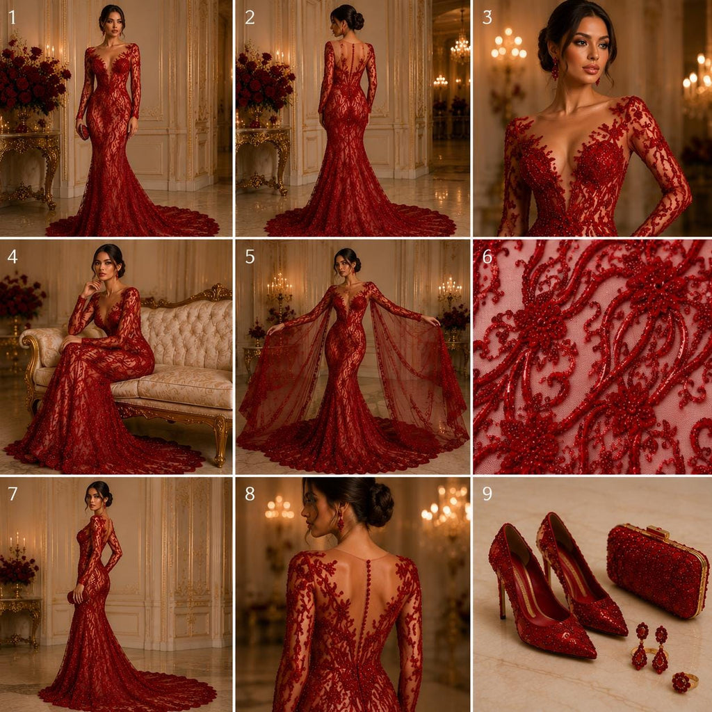 Luxurious Design Lace - RED - Beaded Design with Embroidered Sequins and Beads On a Mesh Lace Fabric By The Yard