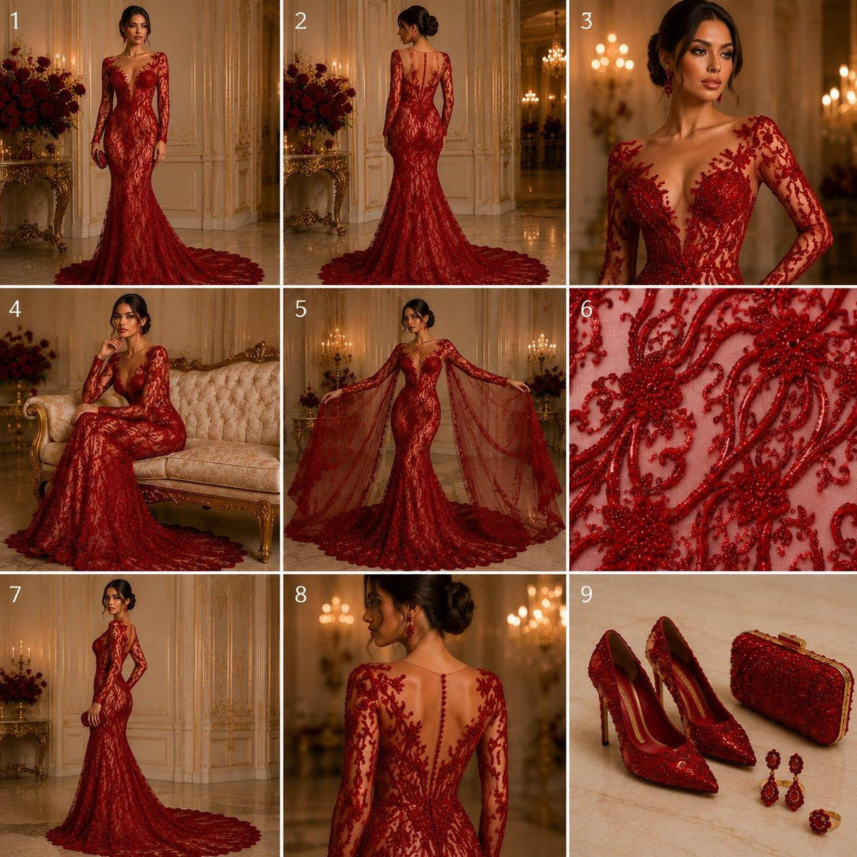 Luxurious Design Lace - RED - Beaded Design with Embroidered Sequins and Beads On a Mesh Lace Fabric By The Yard