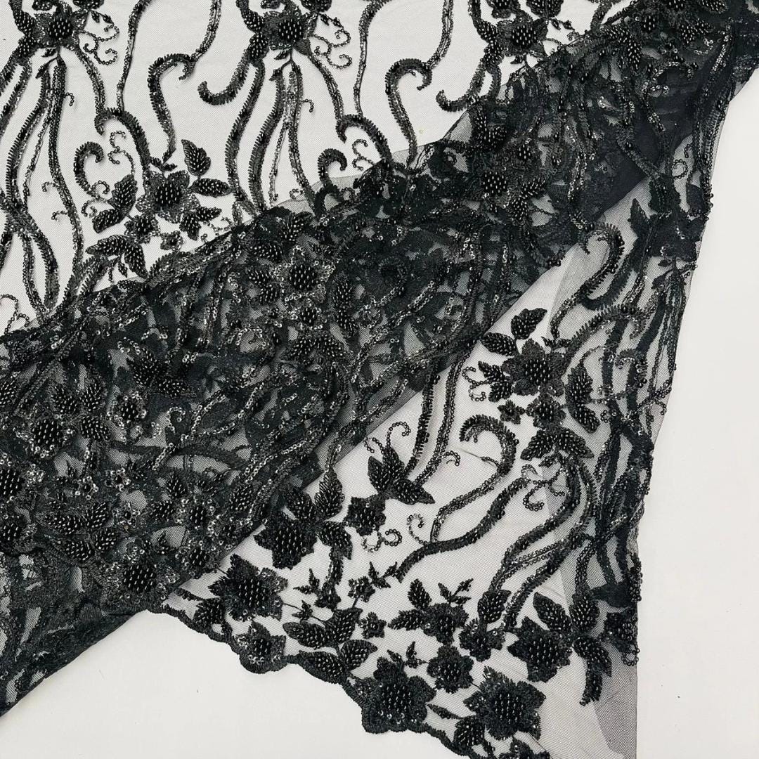 Luxurious Design Lace - BLACK - Beaded Design with Embroidered Sequins and Beads On a Mesh Lace Fabric By The Yard