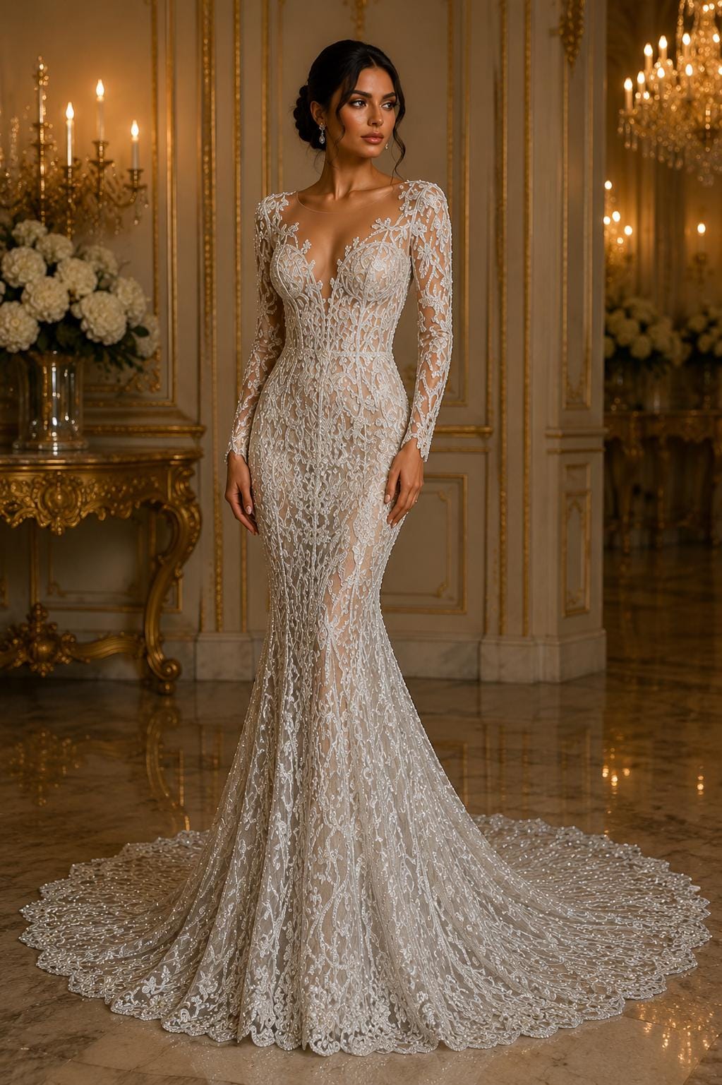 Luxurious Design Lace - WHITE - Beaded Design with Embroidered Sequins and Beads On a Mesh Lace Fabric By The Yard