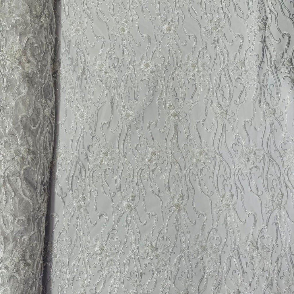 Luxurious Design Lace - WHITE - Beaded Design with Embroidered Sequins and Beads On a Mesh Lace Fabric By The Yard
