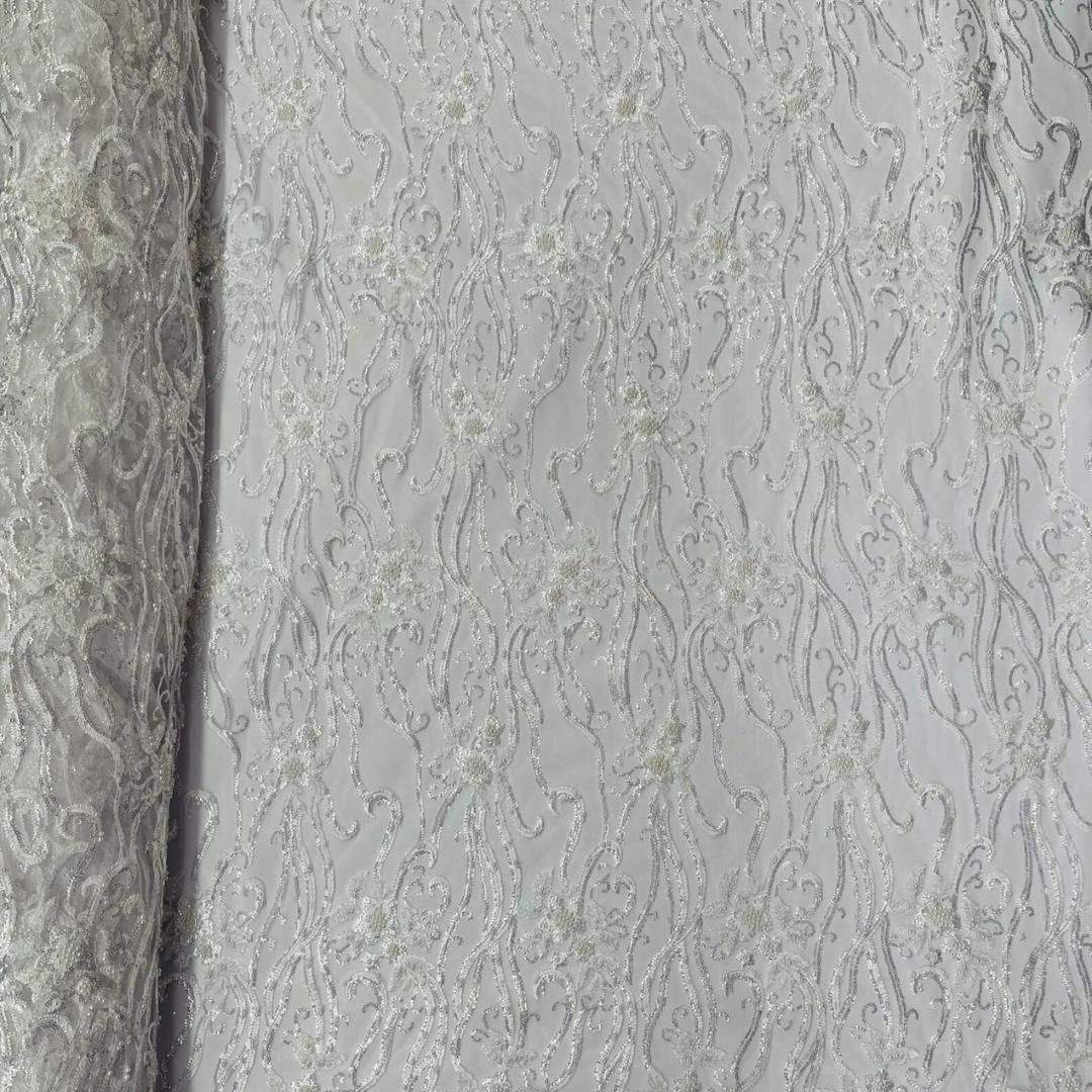 Luxurious Design Lace - WHITE - Beaded Design with Embroidered Sequins and Beads On a Mesh Lace Fabric By The Yard