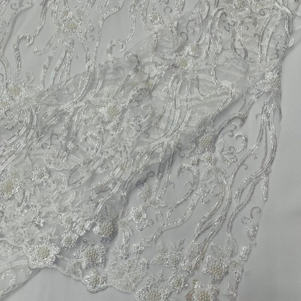 Luxurious Design Lace - WHITE - Beaded Design with Embroidered Sequins and Beads On a Mesh Lace Fabric By The Yard