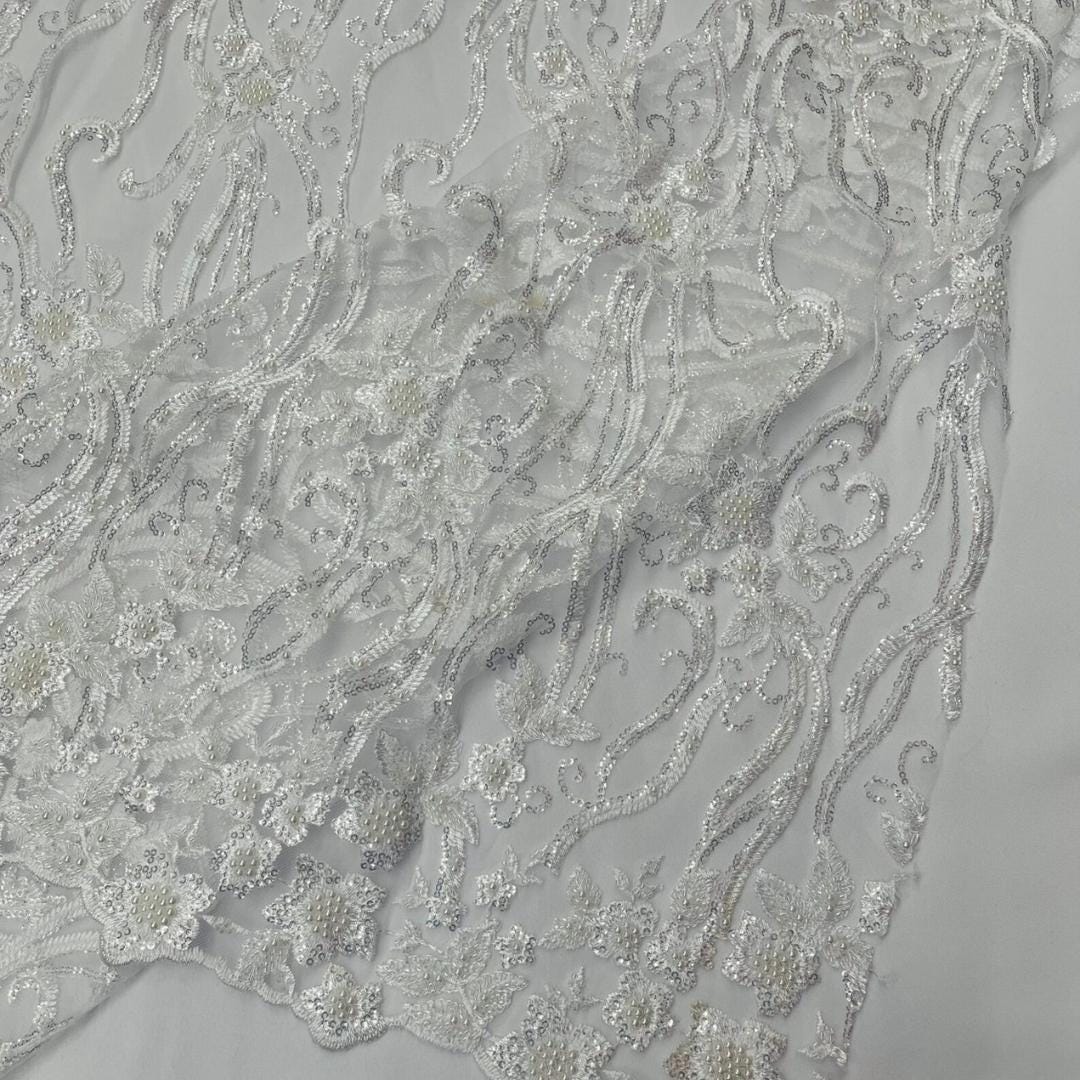 Luxurious Design Lace - WHITE - Beaded Design with Embroidered Sequins and Beads On a Mesh Lace Fabric By The Yard