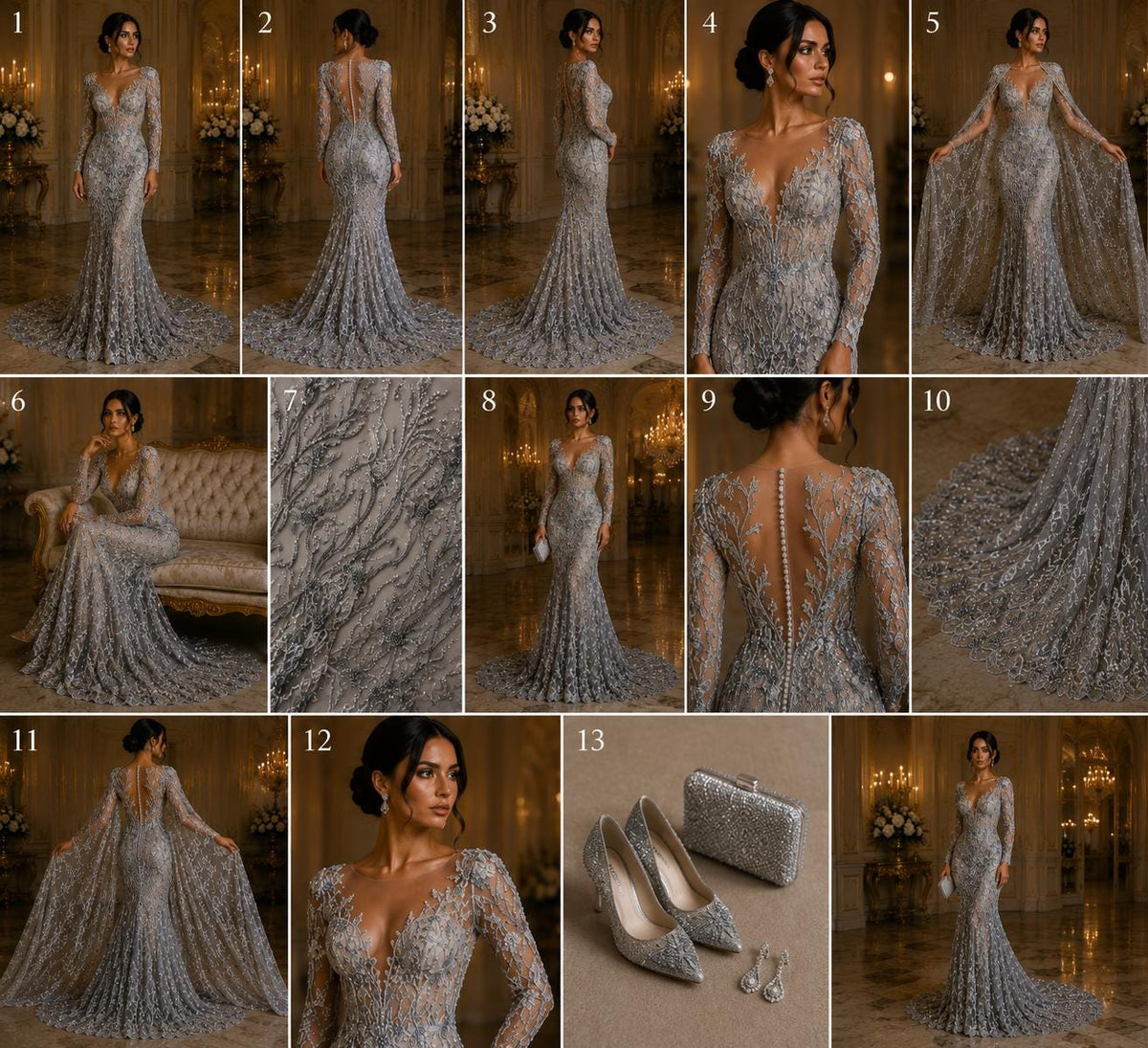 Luxurious Design Lace - SILVER - Beaded Design with Embroidered Sequins and Beads On a Mesh Lace Fabric By The Yard
