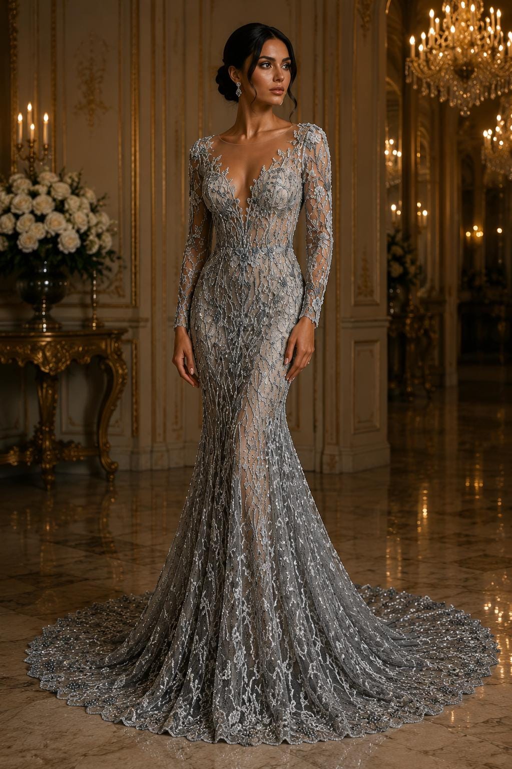 Luxurious Design Lace - SILVER - Beaded Design with Embroidered Sequins and Beads On a Mesh Lace Fabric By The Yard