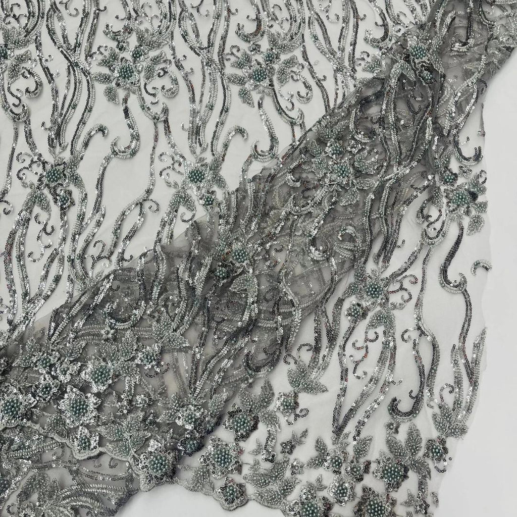 Luxurious Design Lace - SILVER - Beaded Design with Embroidered Sequins and Beads On a Mesh Lace Fabric By The Yard