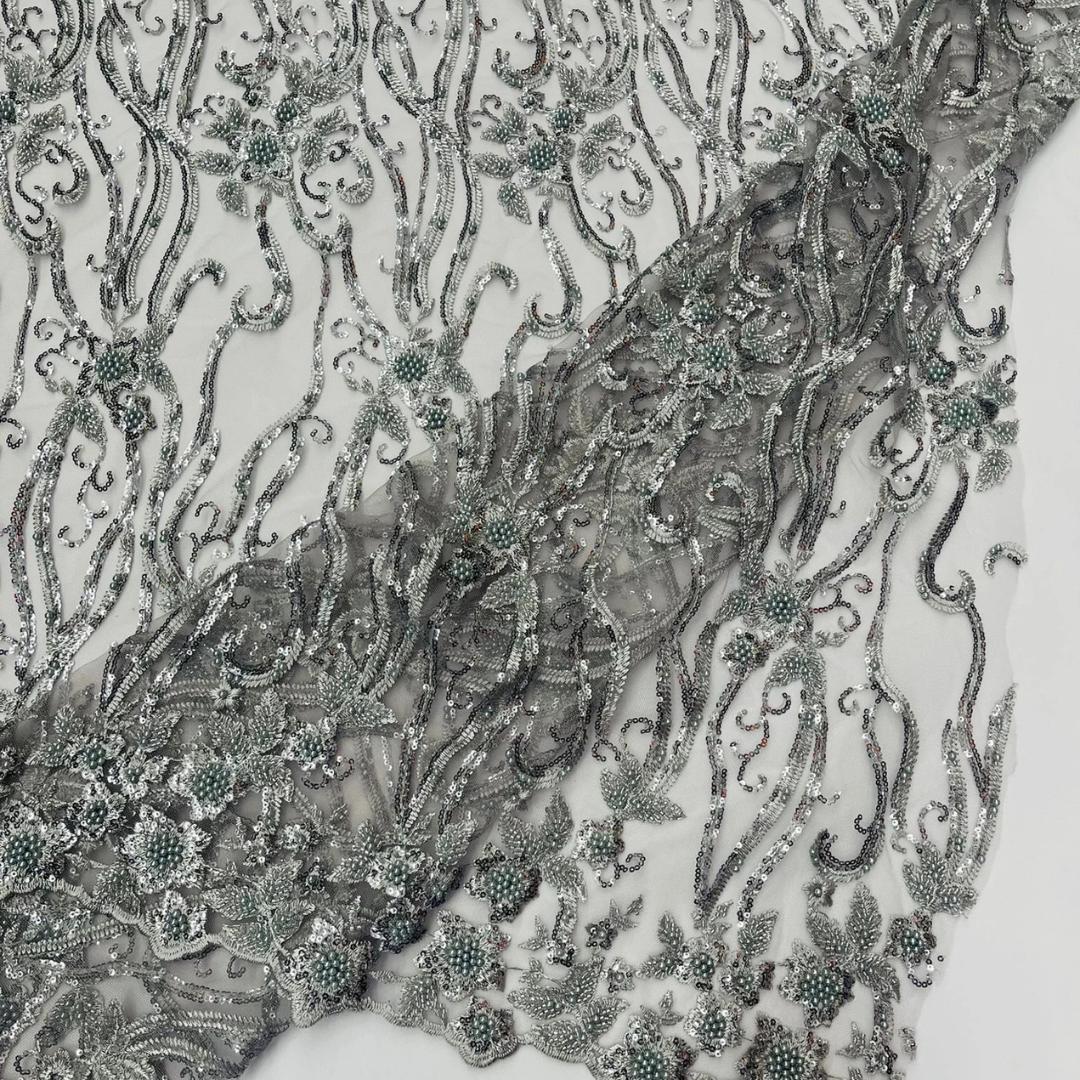 Luxurious Design Lace - SILVER - Beaded Design with Embroidered Sequins and Beads On a Mesh Lace Fabric By The Yard