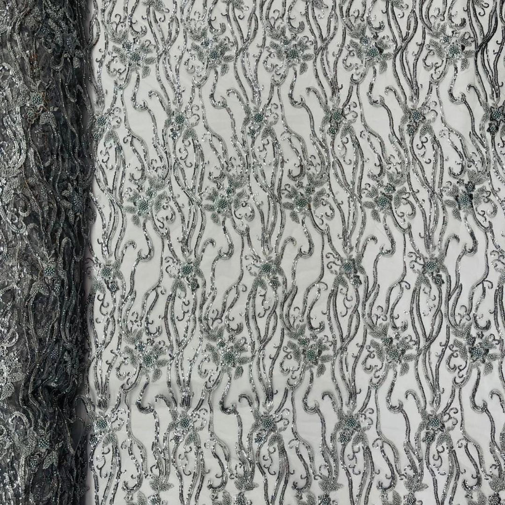 Luxurious Design Lace - SILVER - Beaded Design with Embroidered Sequins and Beads On a Mesh Lace Fabric By The Yard