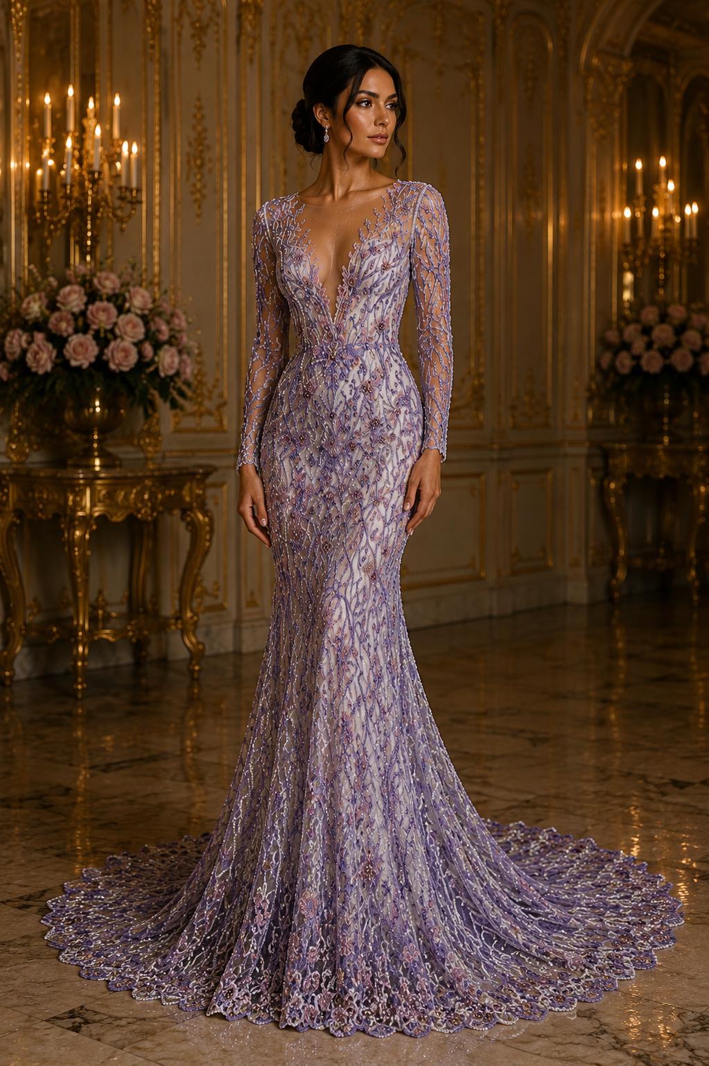 Luxurious Design Lace - LAVENDER - Beaded Design with Embroidered Sequins and Beads On a Mesh Lace Fabric By The Yard