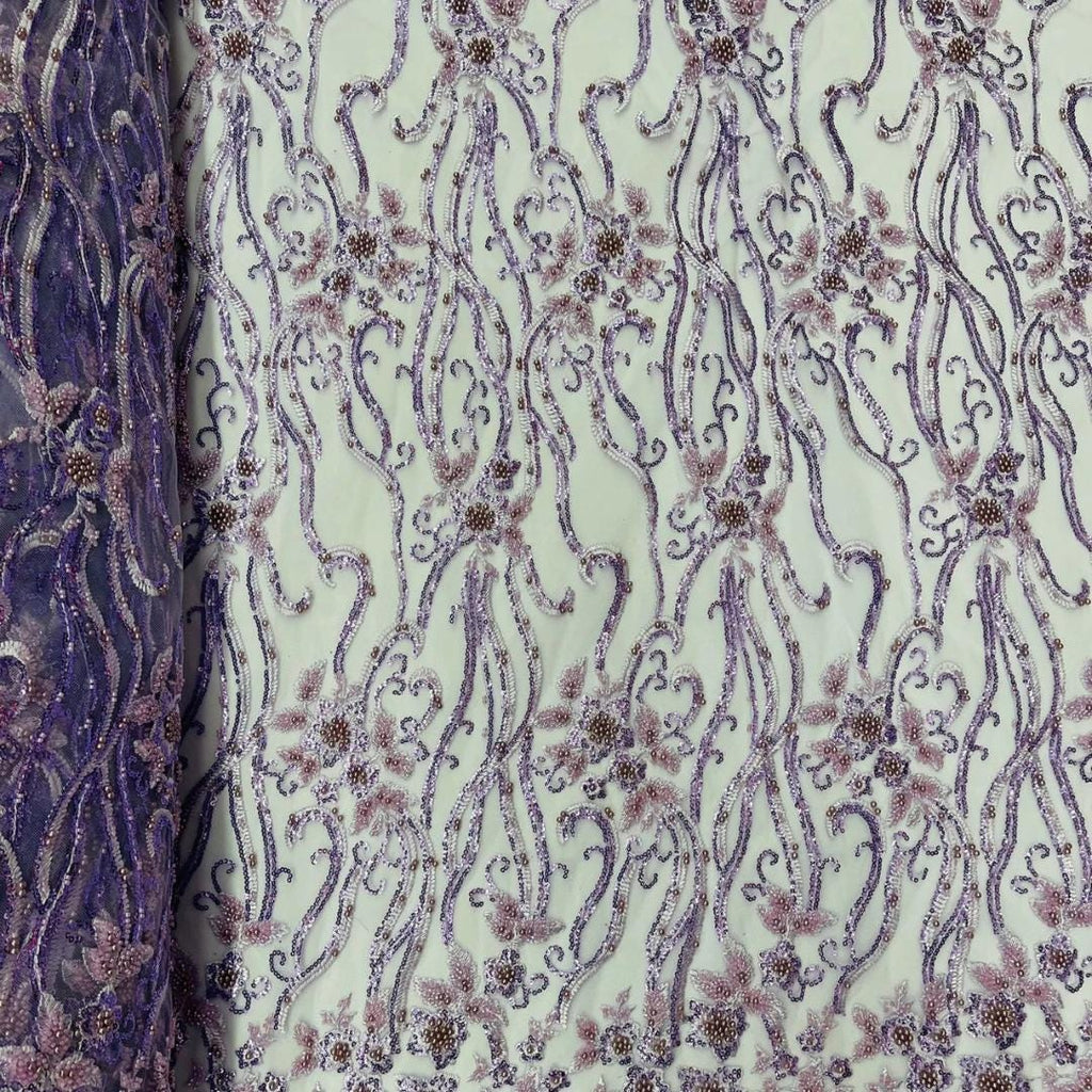 Luxurious Design Lace - LAVENDER - Beaded Design with Embroidered Sequins and Beads On a Mesh Lace Fabric By The Yard