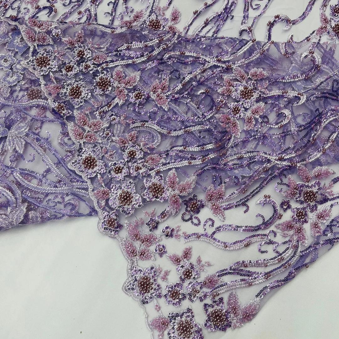 Luxurious Design Lace - LAVENDER - Beaded Design with Embroidered Sequins and Beads On a Mesh Lace Fabric By The Yard