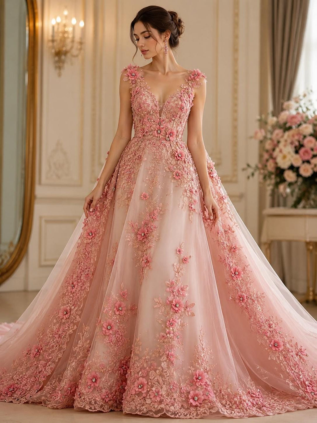 3D Floral Embroidery Lace with Rhinestones -  DUSTY ROSE  - By The Yard Prom Dress Fabric