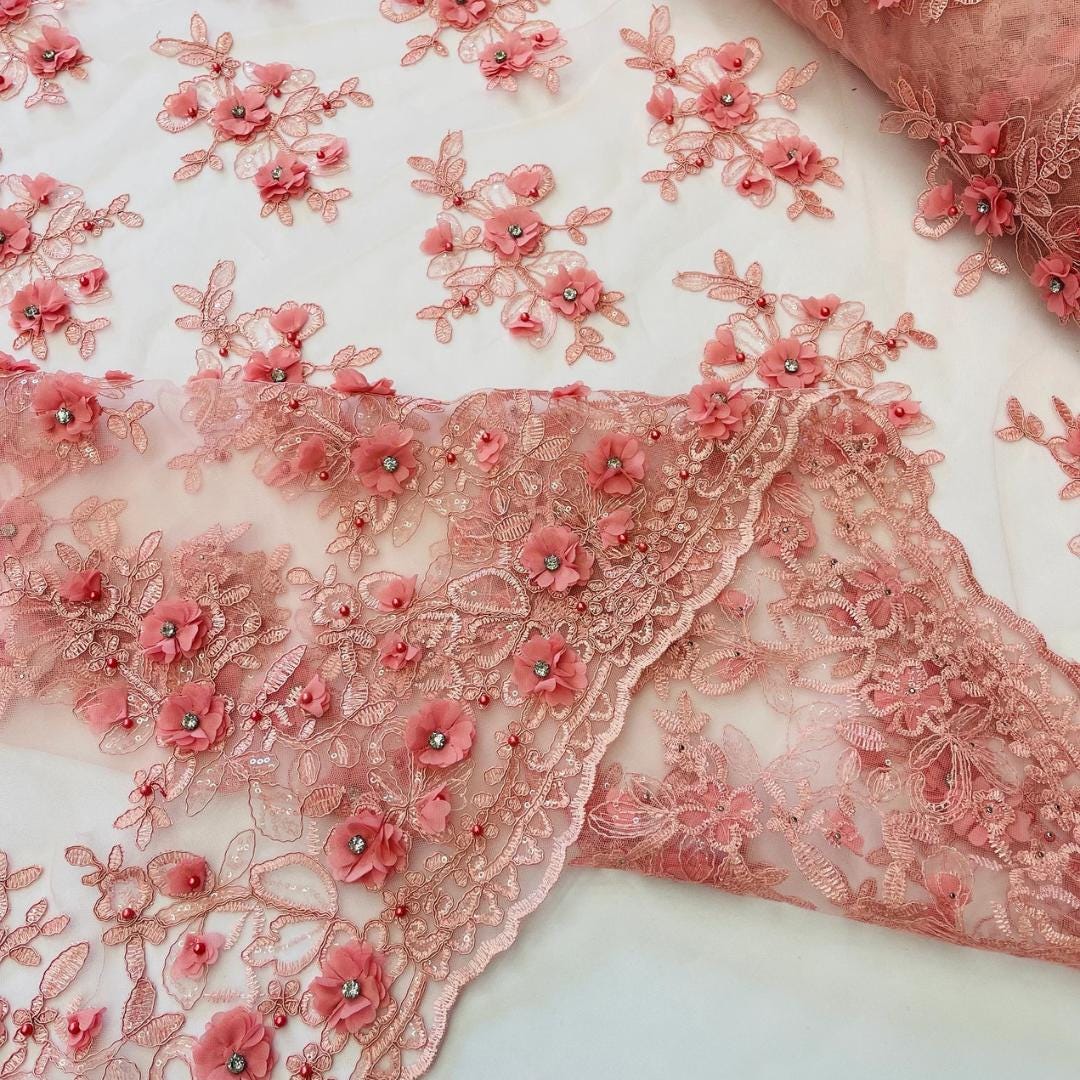 3D Floral Embroidery Lace with Rhinestones -  DUSTY ROSE  - By The Yard Prom Dress Fabric