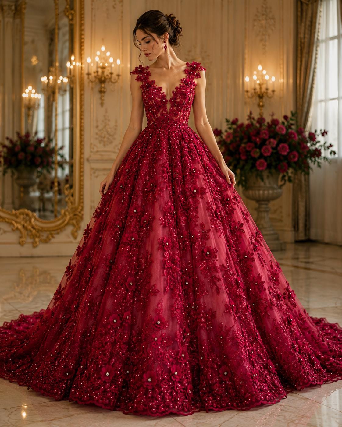 3D Floral Embroidery Lace with Rhinestones -  FUCHSIA  - By The Yard Prom Dress Fabric