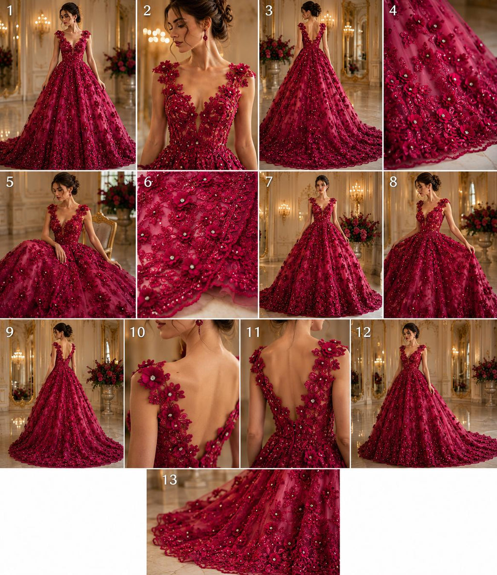 3D Floral Embroidery Lace with Rhinestones -  FUCHSIA  - By The Yard Prom Dress Fabric