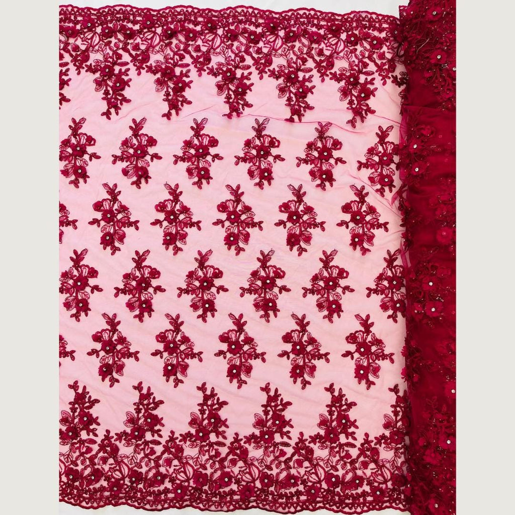 3D Floral Embroidery Lace with Rhinestones -  FUCHSIA  - By The Yard Prom Dress Fabric