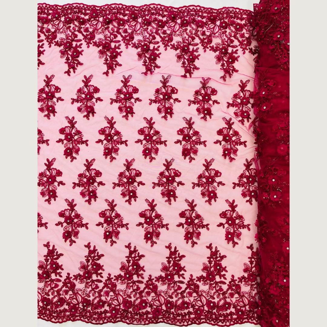 3D Floral Embroidery Lace with Rhinestones -  FUCHSIA  - By The Yard Prom Dress Fabric