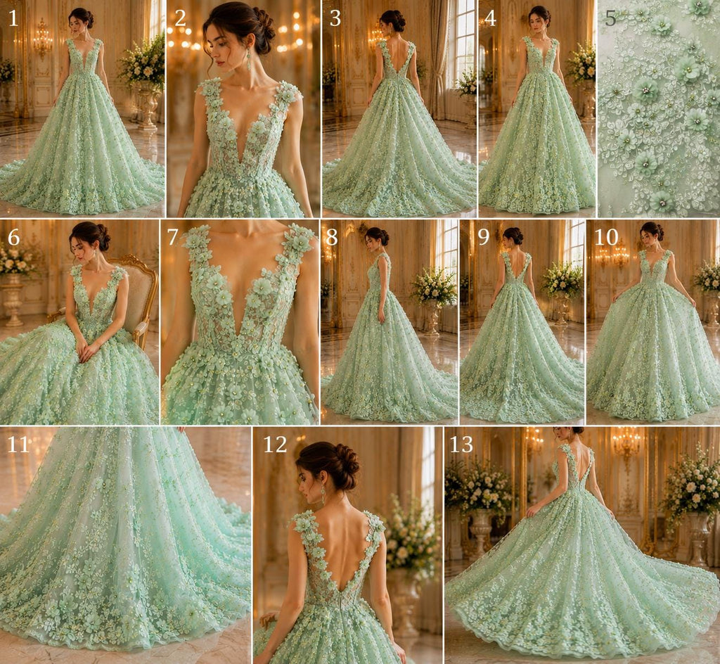 3D Floral Embroidery Lace with Rhinestones -  MINT  - By The Yard Prom Dress Fabric