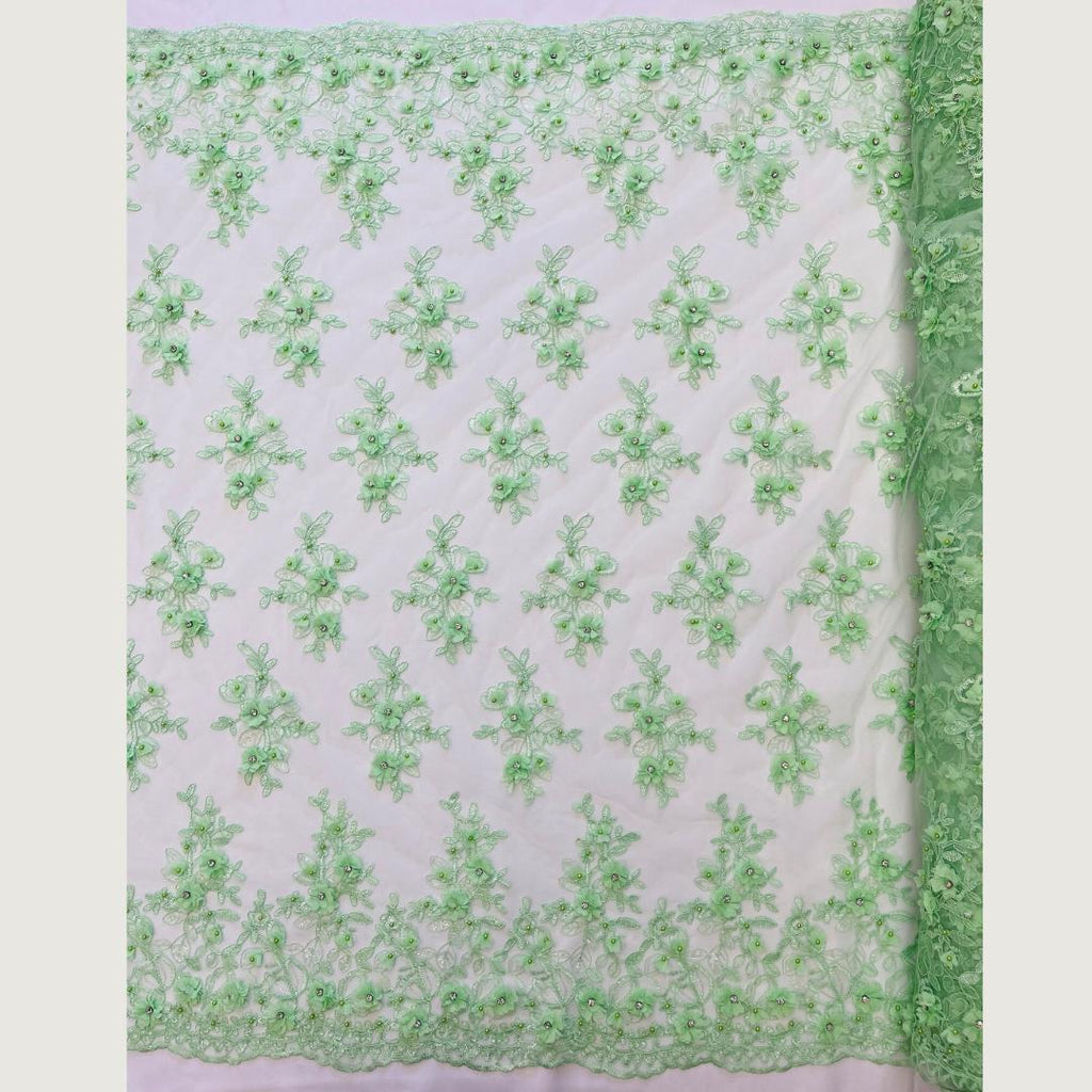 3D Floral Embroidery Lace with Rhinestones -  MINT  - By The Yard Prom Dress Fabric