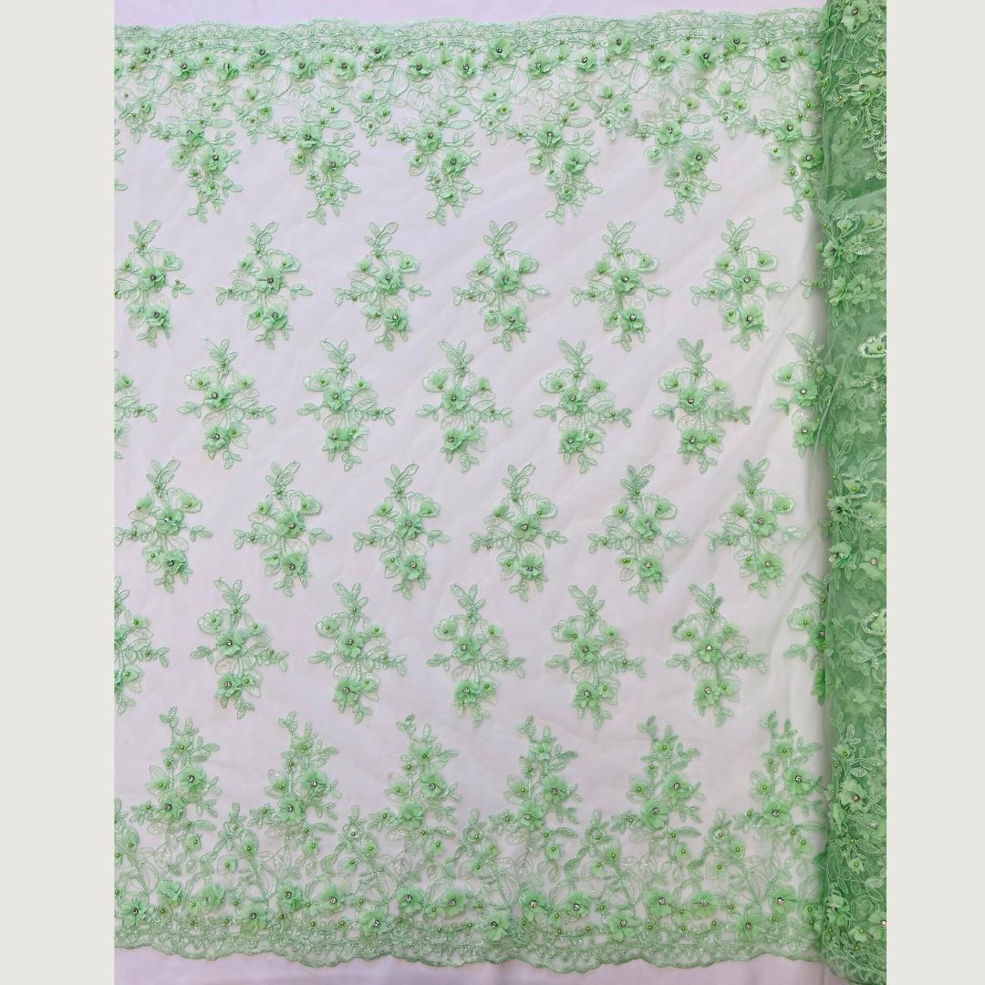 3D Floral Embroidery Lace with Rhinestones -  MINT  - By The Yard Prom Dress Fabric