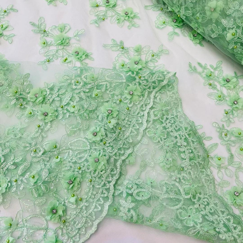 3D Floral Embroidery Lace with Rhinestones -  MINT  - By The Yard Prom Dress Fabric