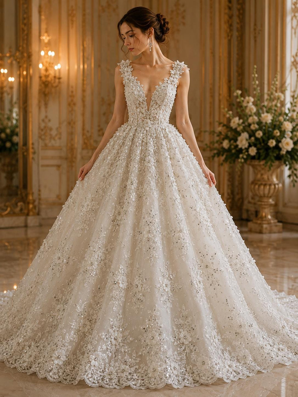 3D Floral Embroidery Lace with Rhinestones -  OFF WHITE  - By The Yard Prom Dress Fabric