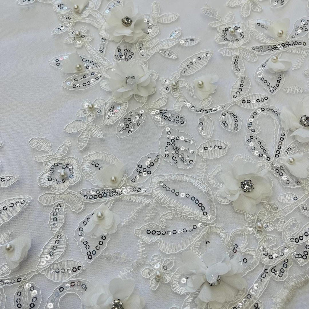 3D Floral Embroidery Lace with Rhinestones -  OFF WHITE  - By The Yard Prom Dress Fabric