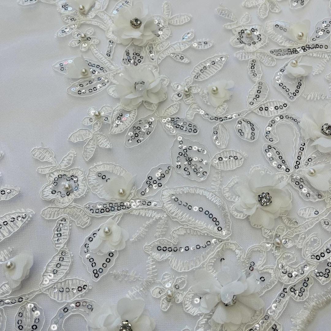 3D Floral Embroidery Lace with Rhinestones -  OFF WHITE  - By The Yard Prom Dress Fabric