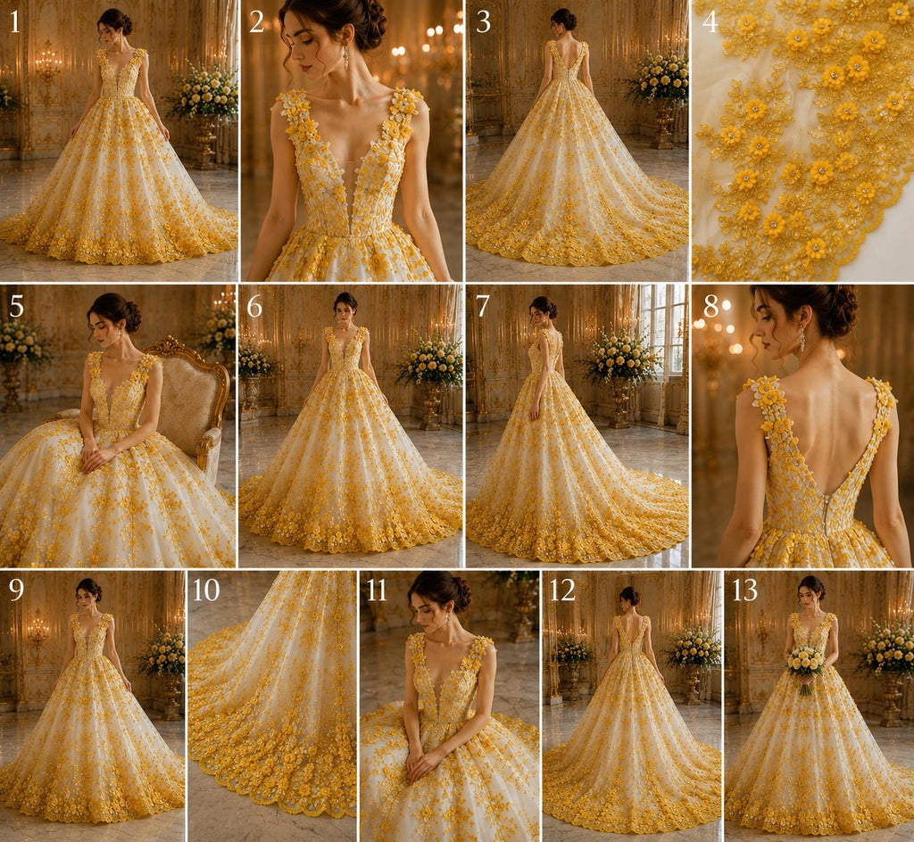 3D Floral Embroidery Lace with Rhinestones -  YELLOW - By The Yard Prom Dress Fabric