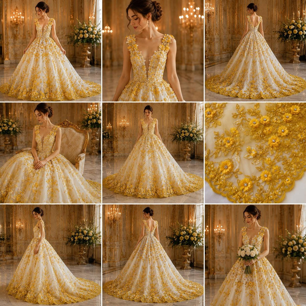 3D Floral Embroidery Lace with Rhinestones -  YELLOW - By The Yard Prom Dress Fabric
