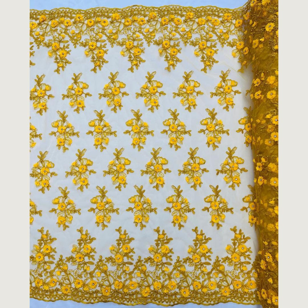 3D Floral Embroidery Lace with Rhinestones -  YELLOW - By The Yard Prom Dress Fabric